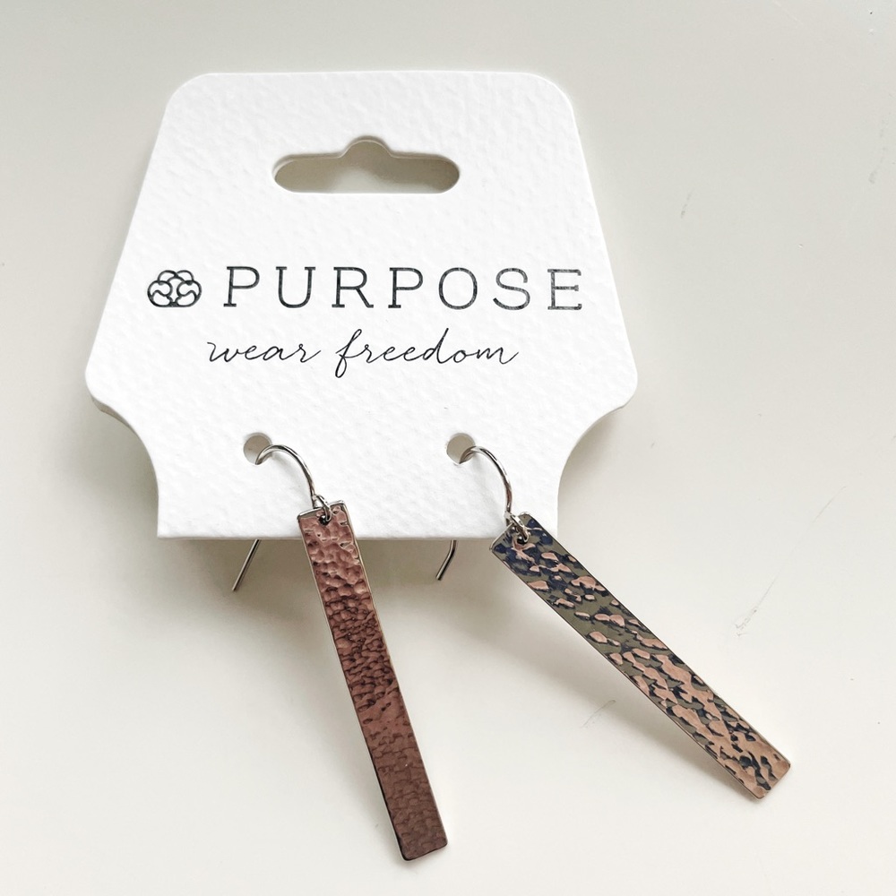 Purpose Horizon Hammered Silver Bar Drop Earrings NWT